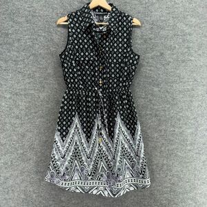 Marianne Shirt Dress Women L Large Black Geometric Midi Collared Sleeveless